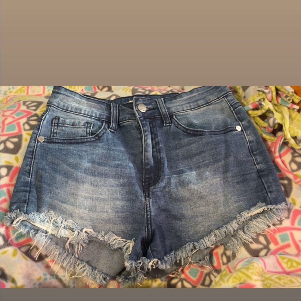 Blue Jean Shorts with Distressed Hem and Light Wash